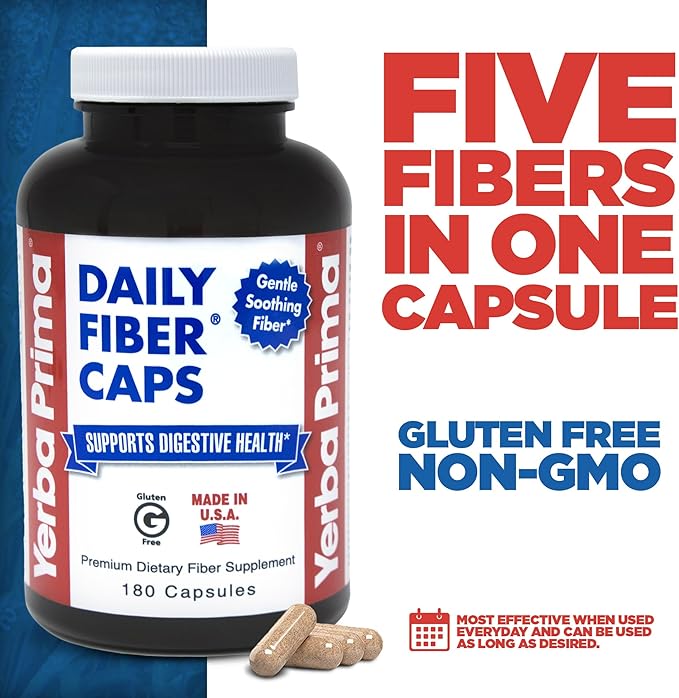 Yerba Prima Daily Fiber Caps - 180 Capsules, (Pack of 4) - Soluble & Insoluble Dietary Fiber Supplement - Colon Cleanse - Gut Health - Vegan, Non-GMO, Gluten-Free