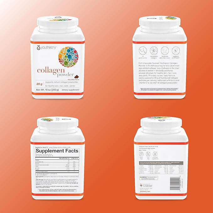 Youtheory Collagen Powder - Premium Collagen Supplement with Vitamin C & Biotin - Supports Healthy Hair, Nails, Skin & Joints* - Dairy, Soy, & Gluten Free - Chocolate, 10 oz