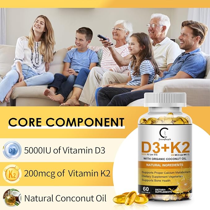 Vitamin D3 K2 Supplement with Vitamin D3 5000 IU, 200 mcg Vitamin K2 MK-7 & Natural Coconut Oil, Plant Based 2-1 Formula for Bone, Teeth, Muscle and Immune Health Support,60 Softgel Capsules, Apple