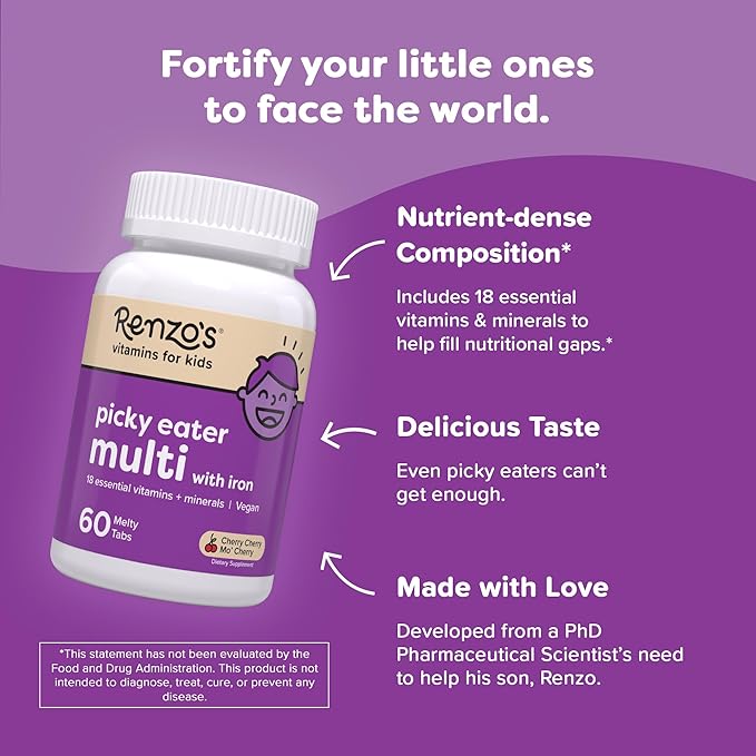 Renzo's Picky Eater Kids Multivitamin with Iron - Dissolving Kids Vitamins with Vitamin D3 & K2 and More - 60 Sugar-Free Melty Tabs, Cherry Cherry Mo’ Cherry Flavored