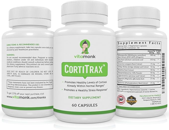 VitaMonk CortiTrax Natural Cortisol Blocker - Doctor Formulated Cortisol Manager, Cortisol Support & Cortisol Reducer (Already Within Normal Ranges)- 60 Capsule Cortisol Supplement