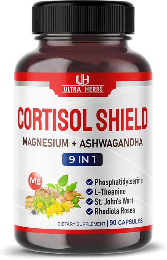 CORTISOL SHIELD 9 in 1-15,250mg Magnesium + Ashwagandha with Phosphatidylserine, L-Theanine, St. John's Wort, Rhodiola Rosea - Relaxation Support, Hormone Balance- USA made (90 count (pack of 1))