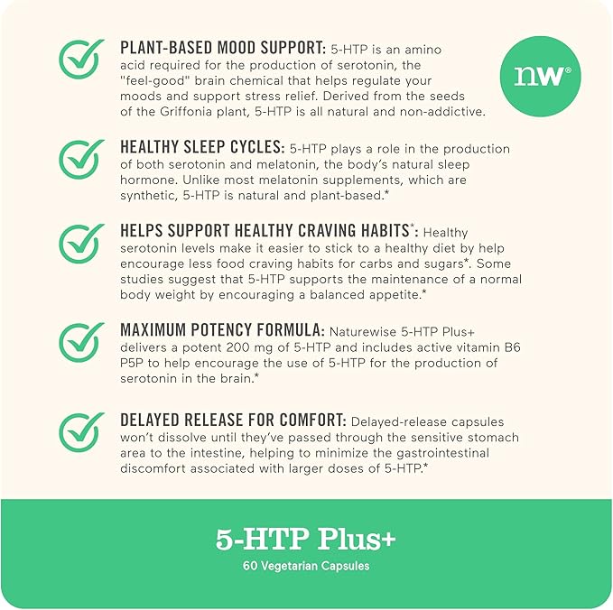 NatureWise 5-HTP 200mg, Vegan 5 HTP Plus Supplement from Griffonia Seeds with Cofactor Vitamin B6 - Mood Support Supplement & Natural Sleep Aid for Adults - Delayed-Release - 30 Count[1-Month Supply]