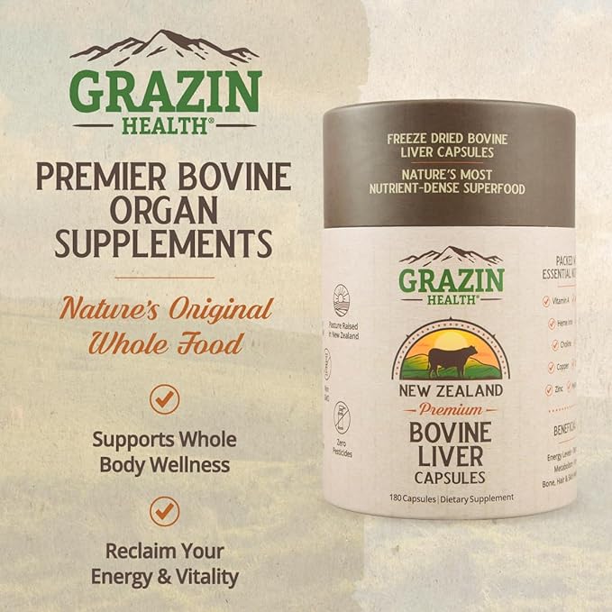 Grass Fed Beef Liver from New Zealand - Freeze Dried 3000mg per Serving (500mg per Capsule) (30 Servings)