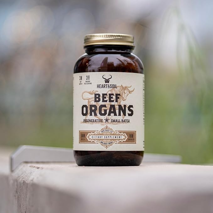 HEART & SOIL Beef Organs Complex — Grass Fed Liver, Heart, Kidney, Pancreas, and Spleen for Complete Nose to Tail Nutrition (180 Capsules)