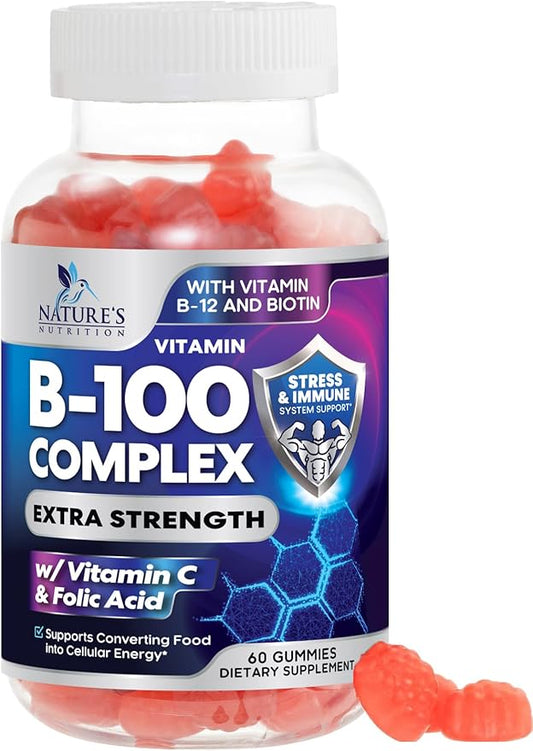 Super B Complex Gummy with Vitamin C & Folic Acid, Extra Strength Vitamin B Gummies Supplement with Niacin, B6, Folic Acid, B12, Biotin, Nature's Energy Immune Support Supplements - 60 Gummies