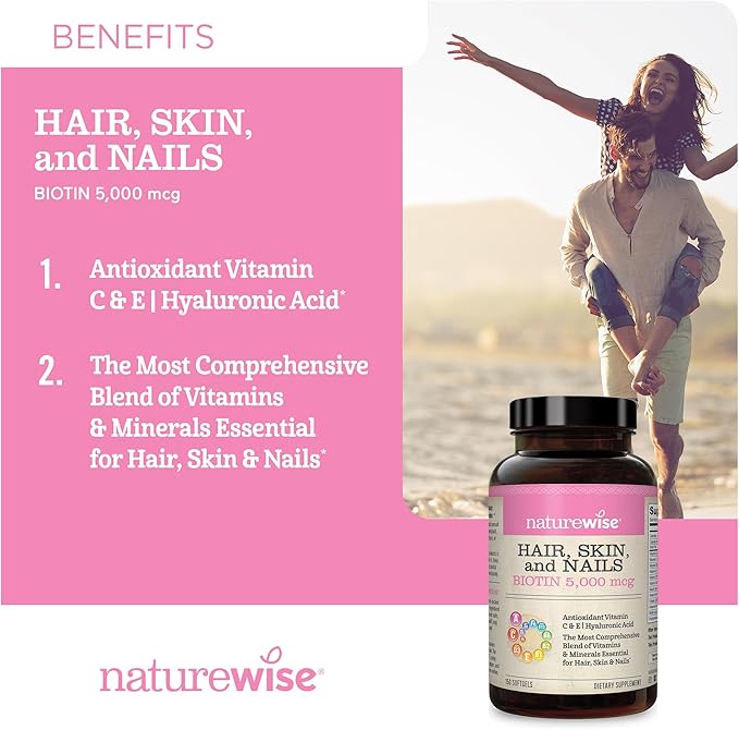 NatureWise Hair Skin and Nails Vitamin, Biotin 5000mcg w/Hyaluronic Acid, Collagen for Women with C, B Complex, D3, A, E, Iron - Non-GMO, Gluten Free - 270 Softgels[3-Month Supply]