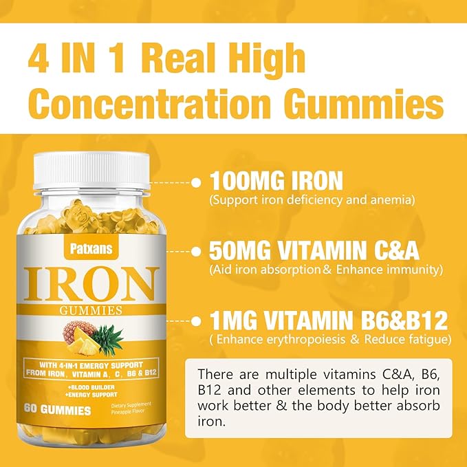 1 Pack 100MG Iron Supplement Gummies for Women & Men - with Vitamin A, C, B - Blood Builder ＆ Energy Support for Iron Deficiency, Anemia, Adults ＆ Children, Vegan, Pineapple Flavor Gummy, 60ct