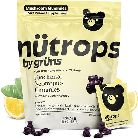 Gruns Nutrops Functional Nootropics Mushroom Gummies, Herbal Brain Supplement Gummy for Energy, Brain Health, Cognitive Support, Mood & Focus - Cordyceps, Lions Mane, Reishi, Chaga & Coriolus Blend