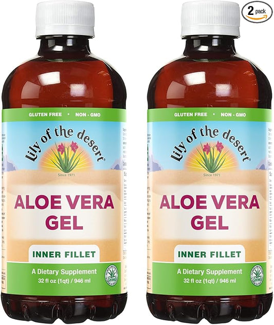 Lily of the Desert Aloe Vera Gel - Inner Fillet Thicker Consistency Aloe Vera Drink with Natural Vitamins,Digestive Enzymes for Gut Health, Stomach Relief, Wellness, Glowing Skin, 32 Fl Oz (Pack of 2)