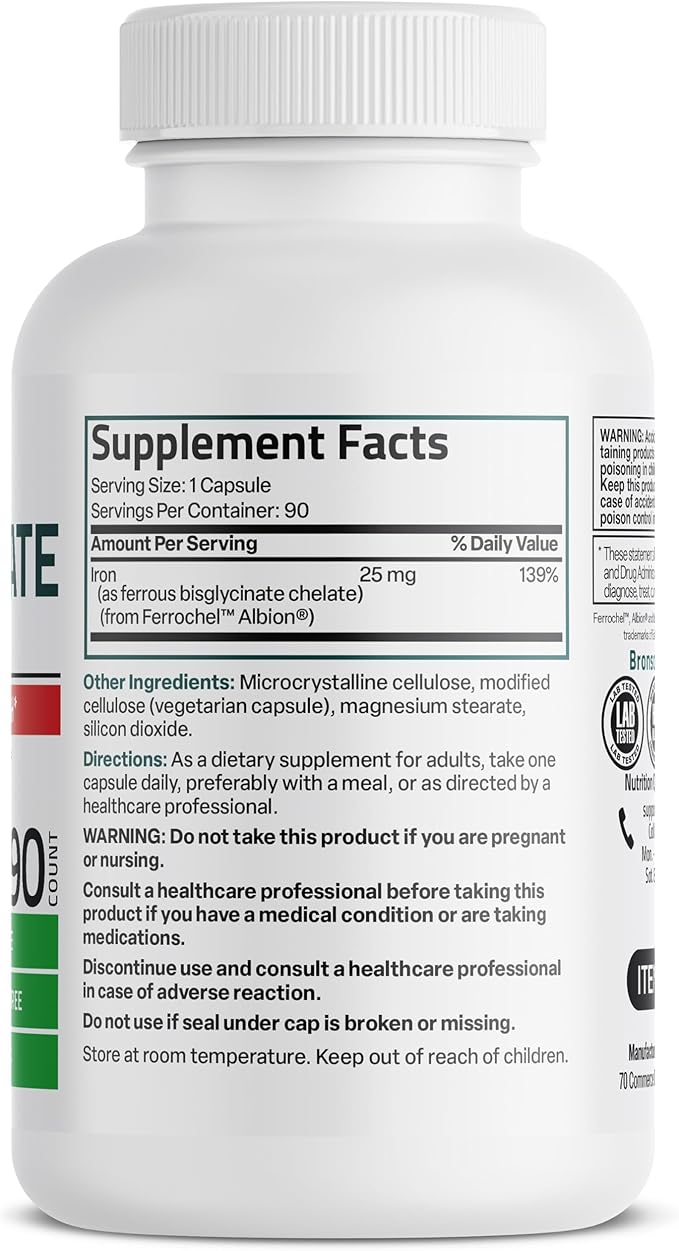 Bronson Iron Bisglycinate 25 mg Gentle on The Stomach, Supports Energy & Healthy Red Blood Cell Production - Non-Constipating Formula - Non GMO, 90 Vegetarian Capsules