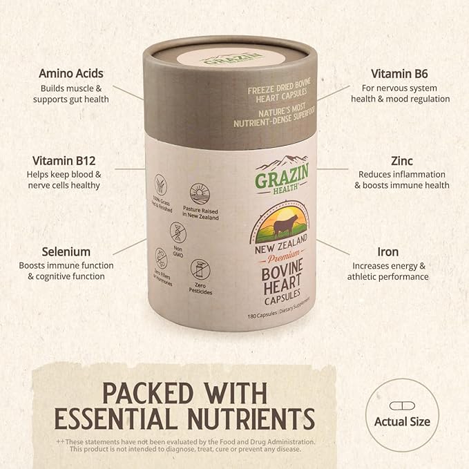 Grass Fed Bovine Heart: 3000 Mg Heart/ 200 Mg Liver/Serving (30 Servings)