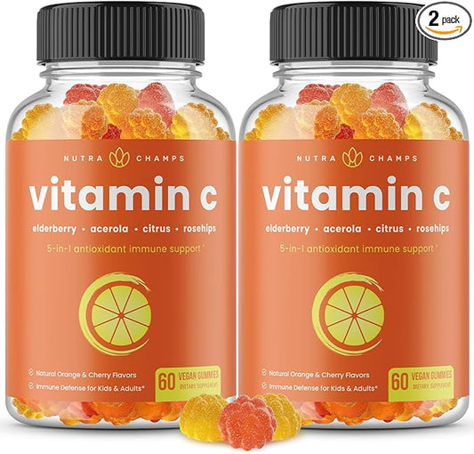 Vitamin C Gummies for Adults & Kids | 5-in-1 Immune System Support with Elderberry, Rosehips, Citrus Bioflavonoids & Acerola Cherry | Vegan VIT C Immunity Booster Supplement Chewable Gummy (2 Pack)