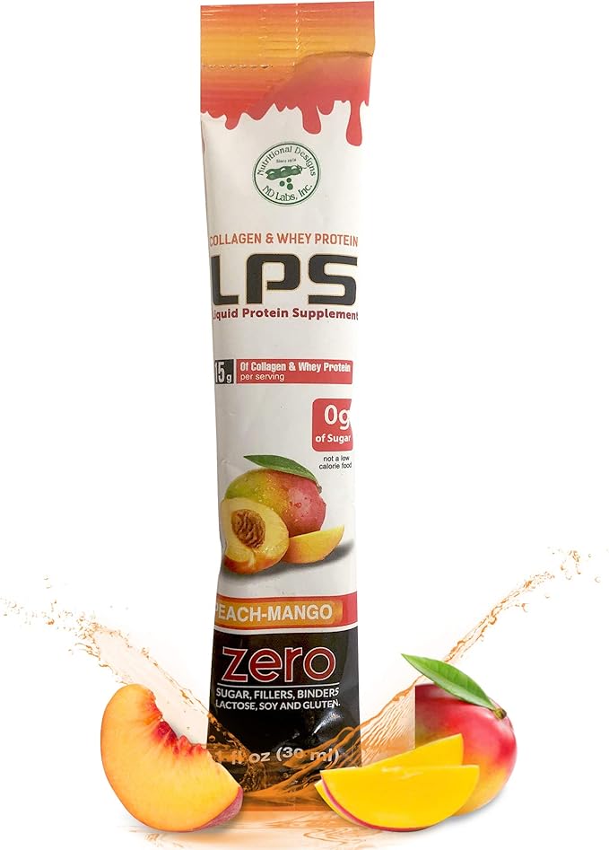 Nutritional Designs LPS Liquid Collagen & Whey Protein Supplement - Non-GMO Drink, Sugar-Free - Promotes Healthy Skin & Hair for Men & Women, Peach Mango, 1 fl Oz (50 Packets)