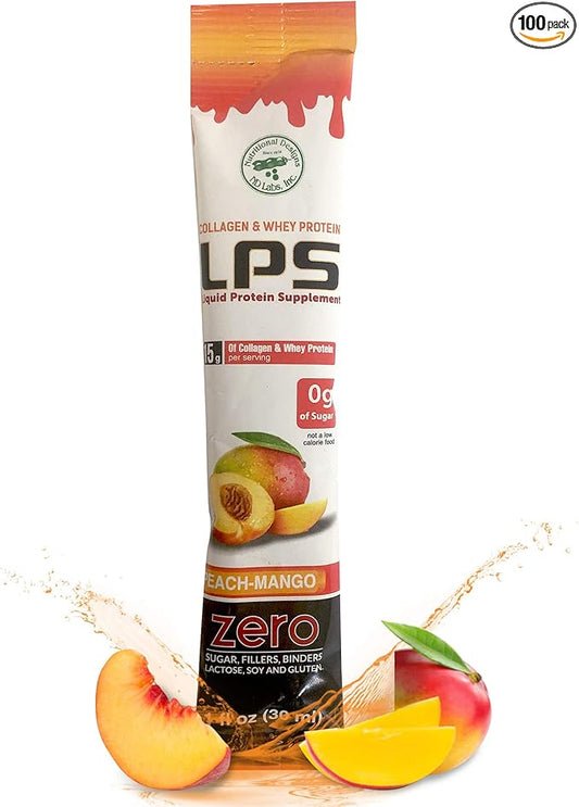 Nutritional Designs LPS Liquid Collagen & Whey Protein Supplement - Non-GMO Drink, Sugar-Free - Promotes Healthy Skin & Hair for Men & Women, Peach Mango, Single Serve (100 Packets)