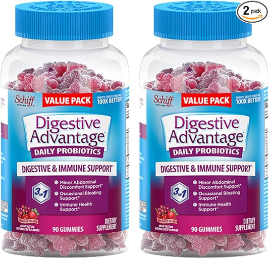 Digestive Advantage Probiotic Gummies for Digestive Health, Daily Probiotics for Women & Men, Support for Occasional Bloating, Minor Abdominal Discomfort & Gut Health, 2x90ct Bottles Superfruit