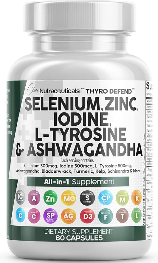 Clean Nutraceuticals Selenium 300mcg Zinc 50mg Iodine 500mcg L Tyrosine 500mg Ashwagandha - Thyroid Support Supplement for Women & Men w/Bladderwrack, Turmeric, Kelp, Schisandra - 60 Capsules