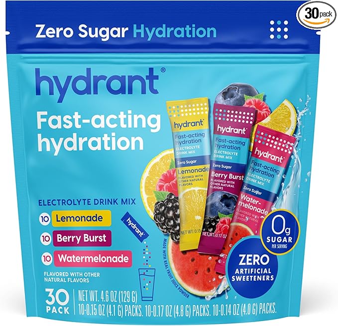 Hydrant Hydrate Zero Sugar, Individual Hydration Electrolye Powder Stick Packets with Zero Sugar and FSA & HSA Eligibility (Variety Pack, 30 Count)