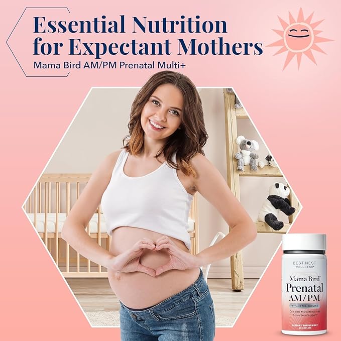 Best Nest Wellness Mama Bird AM/PM Prenatal Multi Plus - Methylated Prenatal Multivitamin Supports Healthy Brain Development - Nutritional Support Supplement for Pregnancy with Choline - 60 Caplets