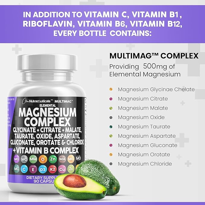 Clean Nutraceuticals Magnesium Complex 2285mg with Magnesium Glycinate Citrate Malate Oxide Taurate Aspartate Orotate & Mag Chloride, Zinc Copper Manganese & Vitamin C B1 B2 B6 B12 Complex - 1Pack