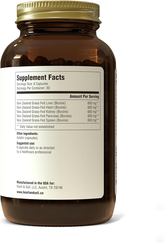 HEART & SOIL Beef Organs Complex — Grass Fed Liver, Heart, Kidney, Pancreas, and Spleen for Complete Nose to Tail Nutrition (180 Capsules)