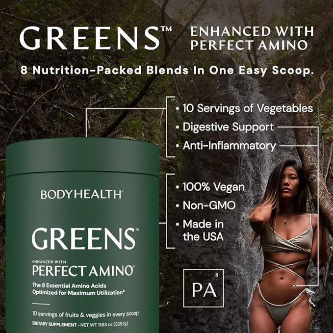 BodyHealth Greens Enhanced with PerfectAmino - Daily Superfood Green Apple Smoothie Powder with Vegetables, Fruit, Antioxidants, Prebiotics, Probiotics, Fiber, and Protein - 30 Servings