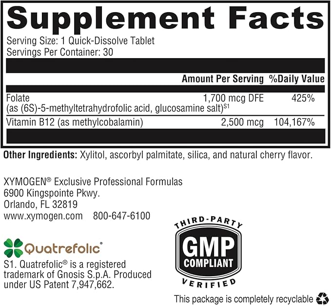 XYMOGEN 5-MTHF Plus B12 - Biologically Active Folate + Methyl B12 (Methylcobalamin) to Support Methylation and Nervous System Health - Great-Tasting Cherry Flavor (30 Quick-Dissolve Tablets)