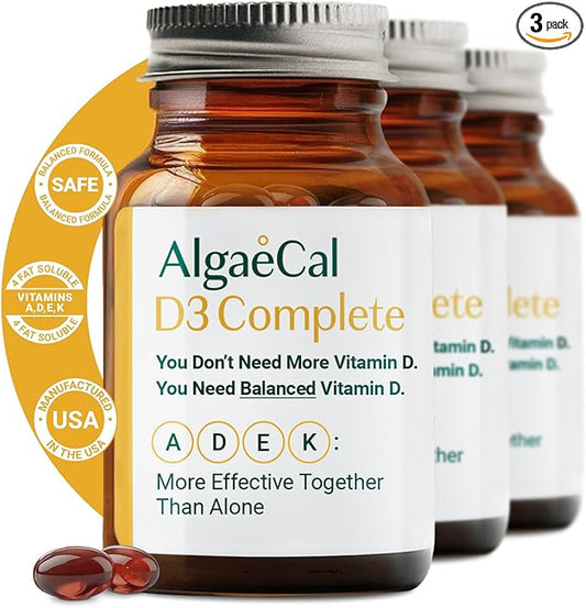 ALGAECAL D3 Complete - Vitamin D Complex - D3 K2 Vitamin 1000iu, ADEK Vitamins Bariatric, Best Vitamin D Supplement. 60 Easy-Swallow Softgels, 3 Month Supply