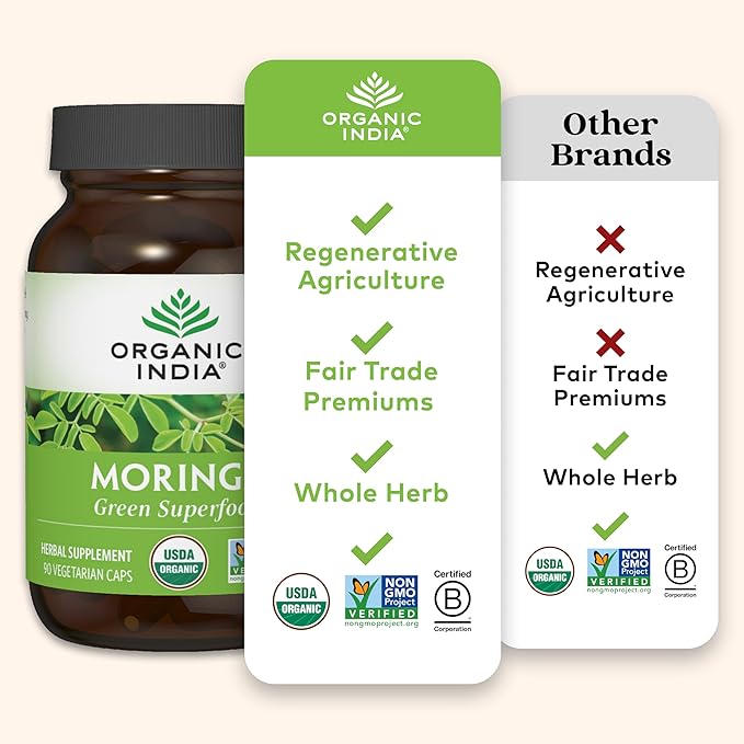 ORGANIC INDIA Moringa Capsules Organic - Moringa Supplement - Green Superfood, Moringa Leaf Capsules, Pure Supergreen, Vegan Greens, Nature's Multivitamin, Vegan, Gluten-Free - 60 Capsules