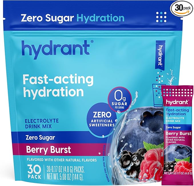 Hydrant Hydrate Zero Sugar, Individual Hydration Electrolye Powder Stick Packets with Zero Sugar and FSA & HSA Eligibility (Berry Burst, 30 Count)