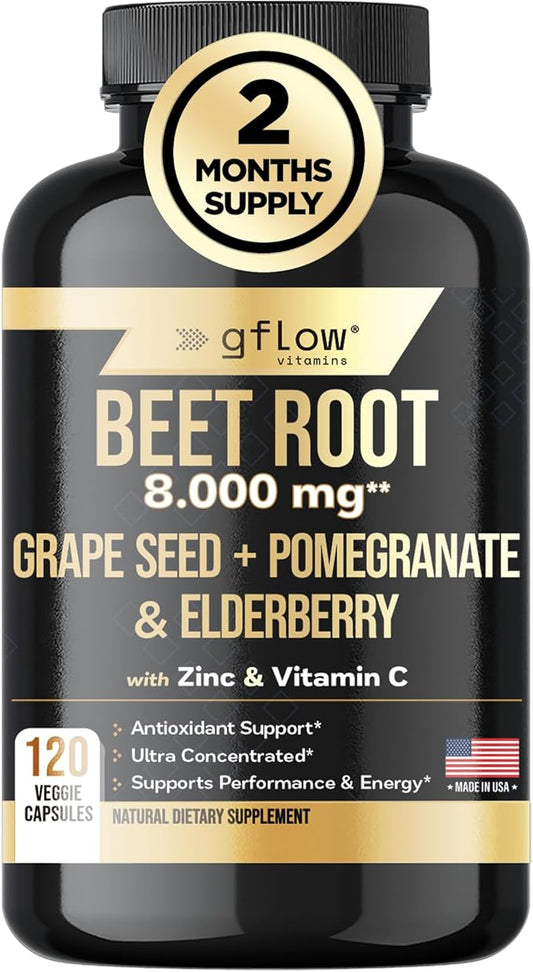 Beet Root Powder Capsules 8000mg High concentrated formula, Beetroot Extract, Elderberry with Vitamin C and Zinc, Pomegranate, Grape Seed, Nitric Oxide Supplement - Non-GMO, USA Made - 2 Months Supply