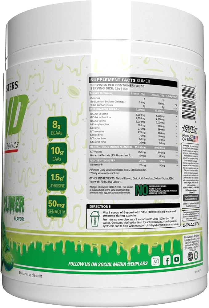 EHP Labs x Ghostbusters Beyond BCAA Powder Amino Acids Supplement for Muscle Recovery - Sugar Free BCAAs Amino Acids Post Workout Recovery Powder & EAA Amino Acids Powder - 60 Servings (Slimer Lime)