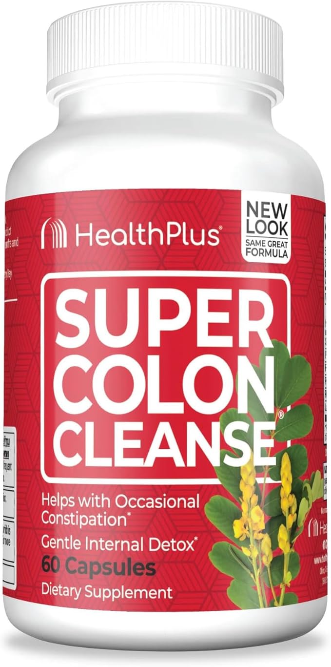 Health Plus Super Colon Cleanse 10 Day Gentle Gut Cleanse Detox, Psyllium Husk, Probiotics for Constipation Relief & Digestive Support, 60 Capsules