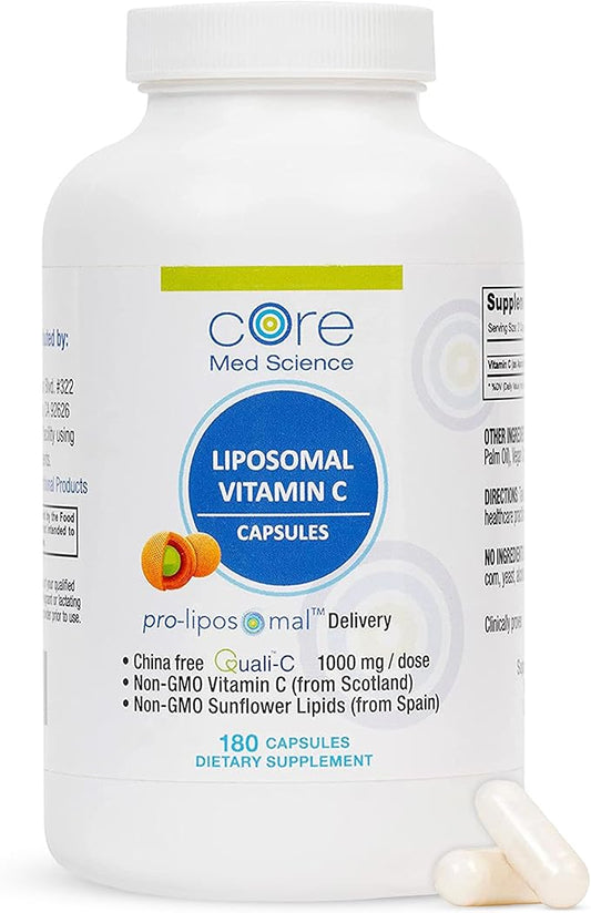 Core Med Science Liposomal Vitamin C 1000mg, 180 Capsules - Non-GMO Natural Liposomal Vitamin C Supplement That Promotes Healthy Skin - Immune System Booster for Adults, Supports Collagen Formation
