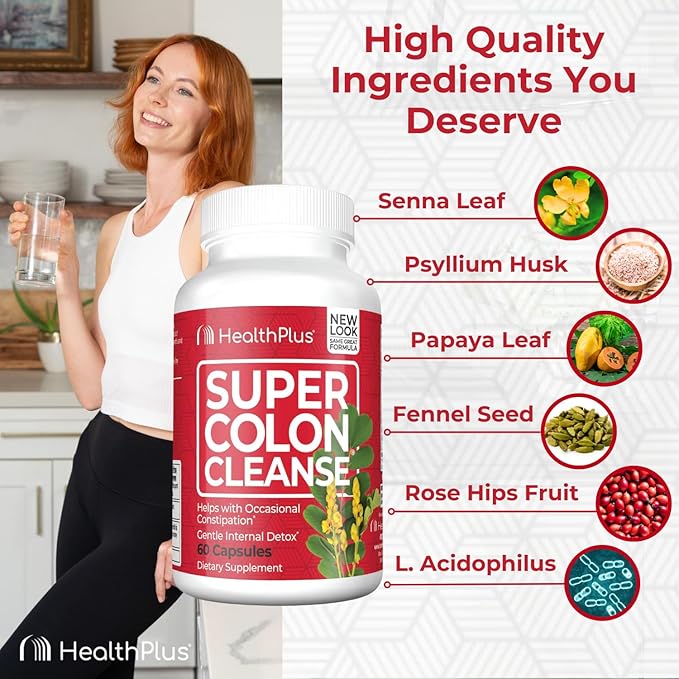 Health Plus Super Colon Cleanse 10 Day Gentle Gut Cleanse Detox, Psyllium Husk, Probiotics for Constipation Relief & Digestive Support, 60 Capsules