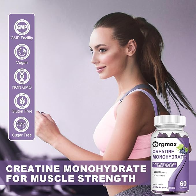 Creatine Monohydrate Gummies, Delicious Grape Flavored for Men & Women, Enhanced with Collagen & BCAA, Easy-to-Swallow Chews for Muscle Strength, Energy Boost, Pre-Workout Supplement(2 Pack)