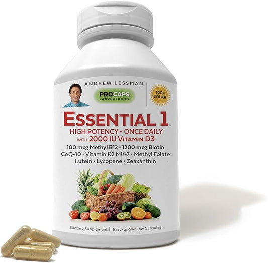 ANDREW LESSMAN Essential-1 Multivitamin 2000 IU Vitamin D3 180 Small Capsules – 100 mcg Methyl B12. CoQ10 Lutein Lycopene Zeaxanthin. High Potency. No Additives. Gentle Ultra-Mild. One Daily Capsule