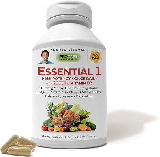 ANDREW LESSMAN Essential-1 Multivitamin 2000 IU Vitamin D3 30 Small Capsules – 100 mcg Methyl B12. CoQ10 Lutein Lycopene Zeaxanthin. High Potency. No Additives. Gentle Ultra-Mild. One Daily Capsule