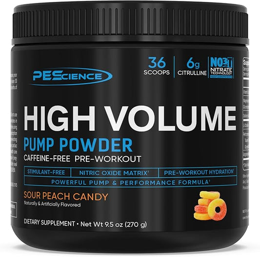 PEScience High Volume Nitric Oxide Booster Pump Pre Workout Powder, Sour Peach Candy, 36 Scoops, Caffeine Free