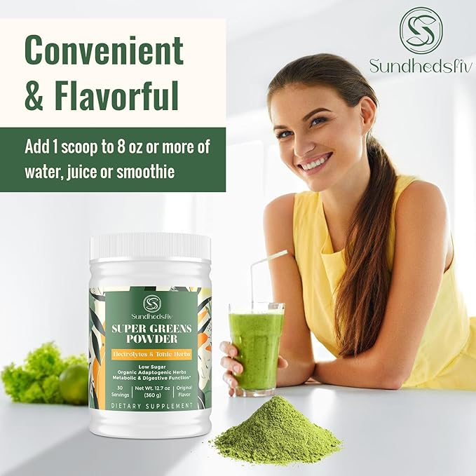 Super Greens Powder Superfood Supplement + Electrolytes & Tonic Herbs | Organic Greens, Adaptogens, Shilajit, Antioxidants, Preobiotic & Probiotic & Postbiotic | for Gut, Energy & Immune | 30 Servings