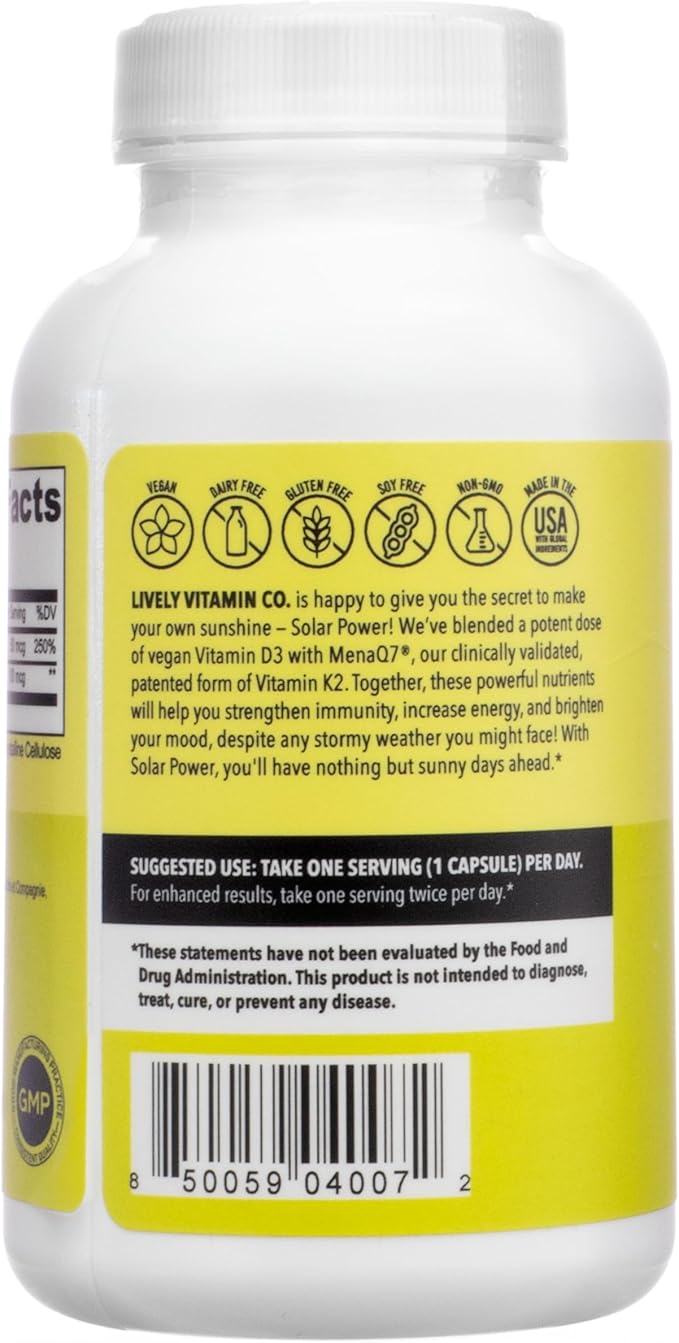LIVELY VITAMIN CO. Solar Power Vitamin D3 2000 iu - Patented Vitamin K - MK7 - Immune Balance - Brain Function - Mood - Heart - Stress - 60 Count