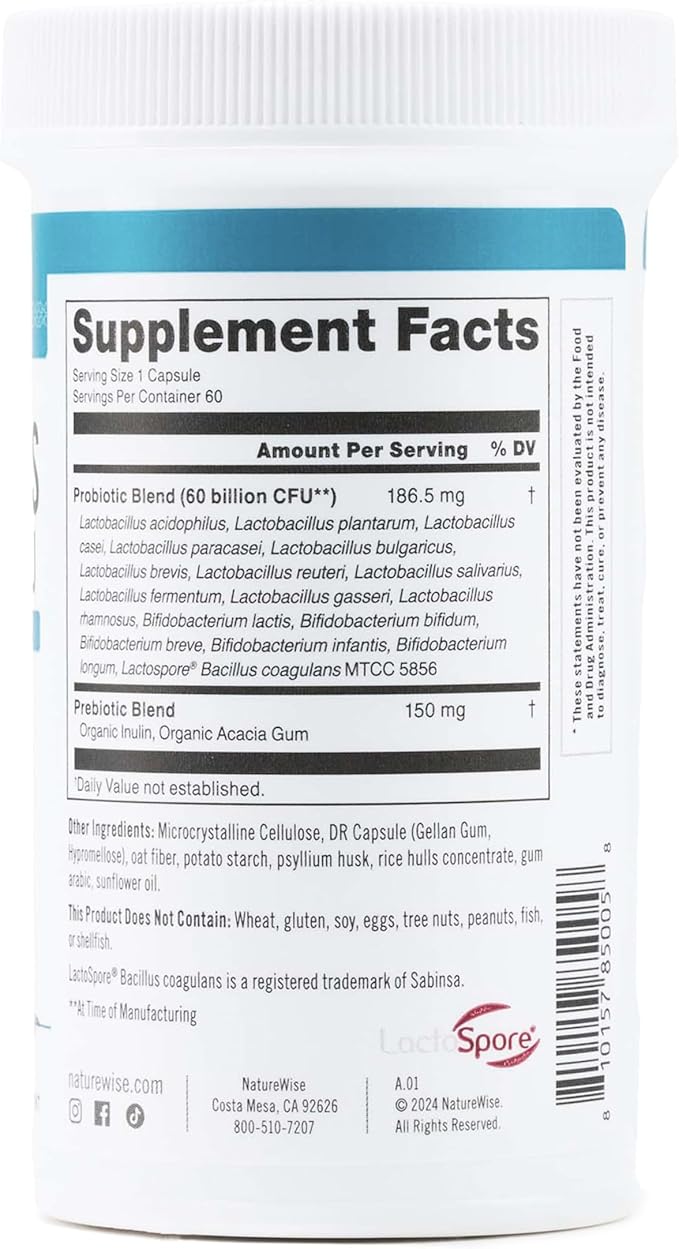 NatureWise Probiotics 60 Billion CFU - 17 Strains + Organic Prebiotics - Immune, Digestive & Gut Health Support for Women & Men - Vegetarian, Gluten-Free, Non-GMO - 60 Capsules[2-Month Supply]