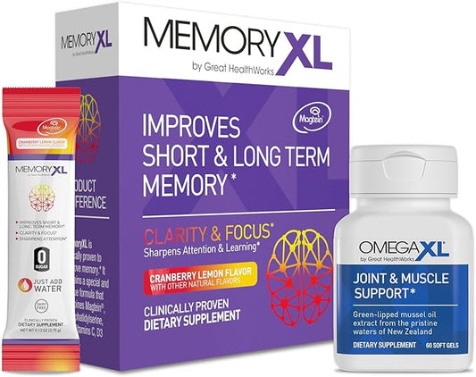 OmegaXL Joint Support Supplement, for Relief - Natural Muscle Support, Green Lipped Mussel Oil, 60 Count & MemoryXL, Magnesium L-Threonate: Brain Supplement for Memory & Focus Cranberry Lemon 30 Pack