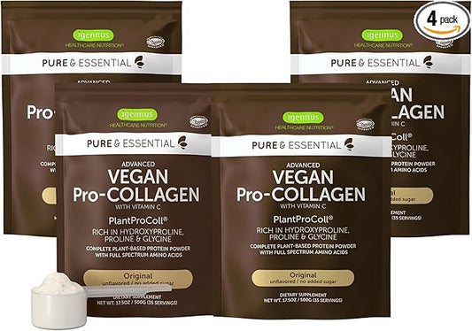 Vegan Collagen Peptide Powder, Enhanced with Glycine, Proline & Hydroxyproline & Cofactor Vitamin C, Non GMO, Complete Vegetarian Plant Based Collagen Powder Booster, 4 x 35 Servings, Pure & Essential