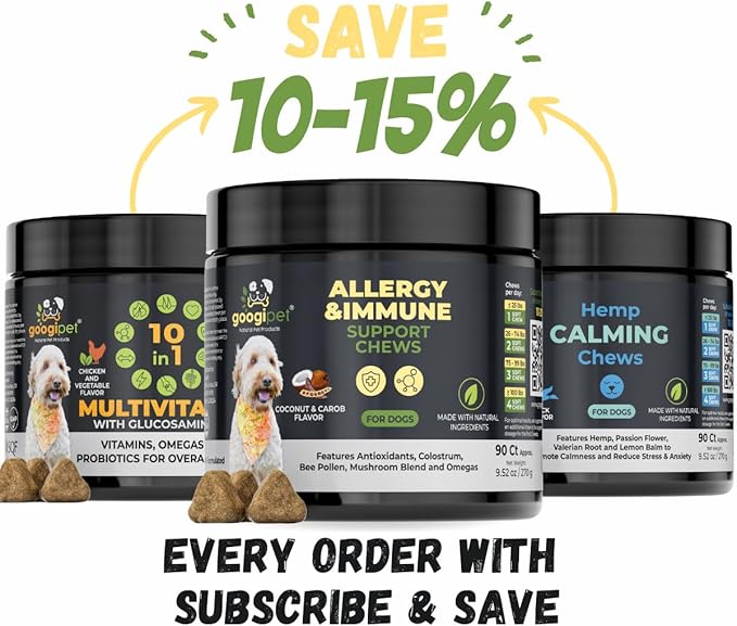 Googipet Dog Allergy Chews, Dog Allergy Relief & Itchy Skin Relief, Dog Skin & Coat Supplement +Bee Pollen, Colostrum for Dogs, Coconut Oil, Probiotics, & Omega 3 Fish Oil for Dogs Itching Skin Relief