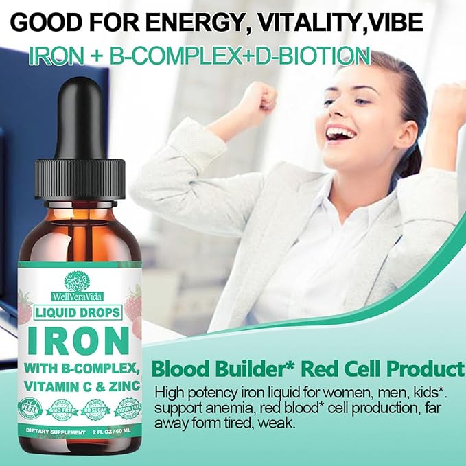 [𝟐 𝐏𝐚𝐜𝐤]Iron supplement for Women, Men & Kids, Liquid High Potency Iron w. Vitamin C, B12, B-Complex, Blood Builder Iron Supplements for Anemia, Fatigue, Red Blood Cell Support, Vegan, Gentle