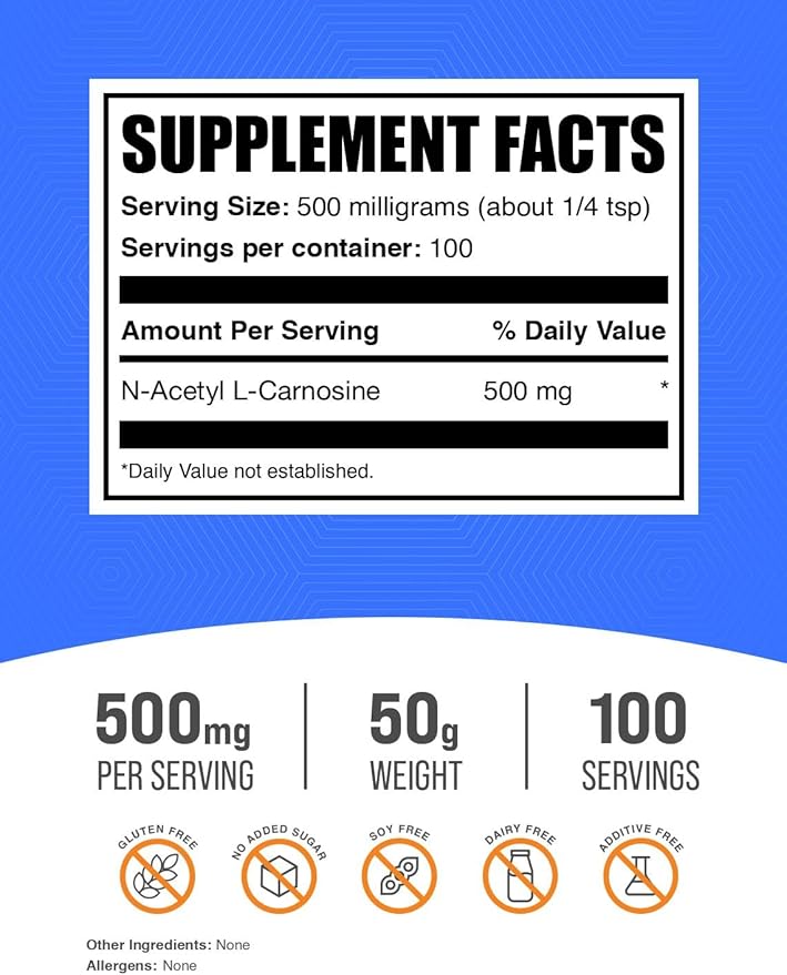 BulkSupplements.com N-Acetyl L-Carnosine Powder - Carnosine Supplement, N-Acetyl Carnosine 500mg - Gluten Free, 500mg per Serving, 50g (1.8 oz) (Pack of 1)