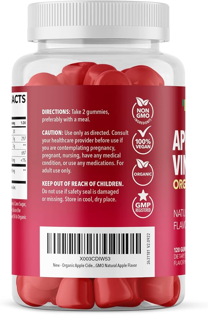 Organic Apple Cider Vinegar Gummies - ACV Gummies to Support Digestive Health and Gut Flora for Digestion - Natural Apple Flavor - 120 Organic, Vegan, and Non-GMO Apple Cider Vinegar Gummies