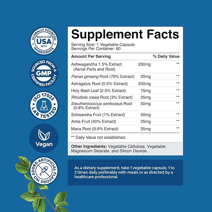 Herbal Adaptogen Mood Support Supplement - Calming Adaptogens Supplement for Stress & Cortisol Management with Ashwagandha Rhodiola Rosea & Maca Root - Vegan Non GMO & Daytime Friendly - 60ct