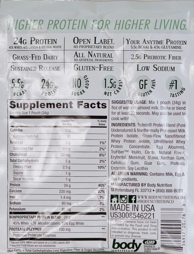 Body Nutrition Trutein Naturals Dark Chocolate Protein Blend Sample 34g All Natural Grass Fed Protein Shakes/Shake, Meal Replacement Drink Mix, Post Workout Recovery Shake Powder, Breakfast Shake